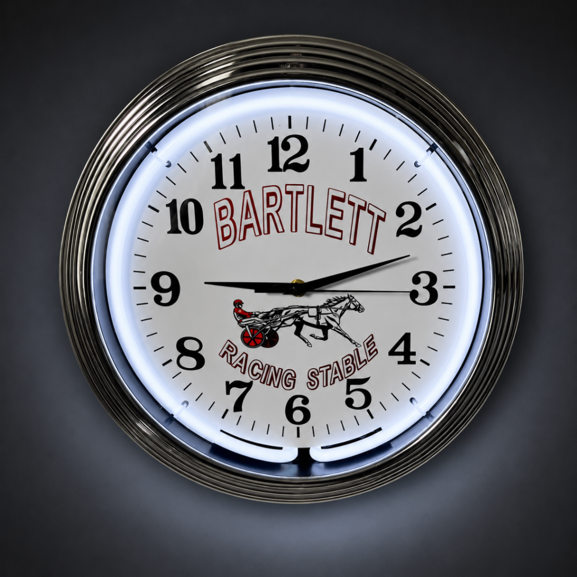 Custom neon wall clock with chrome border and glowing neon ring