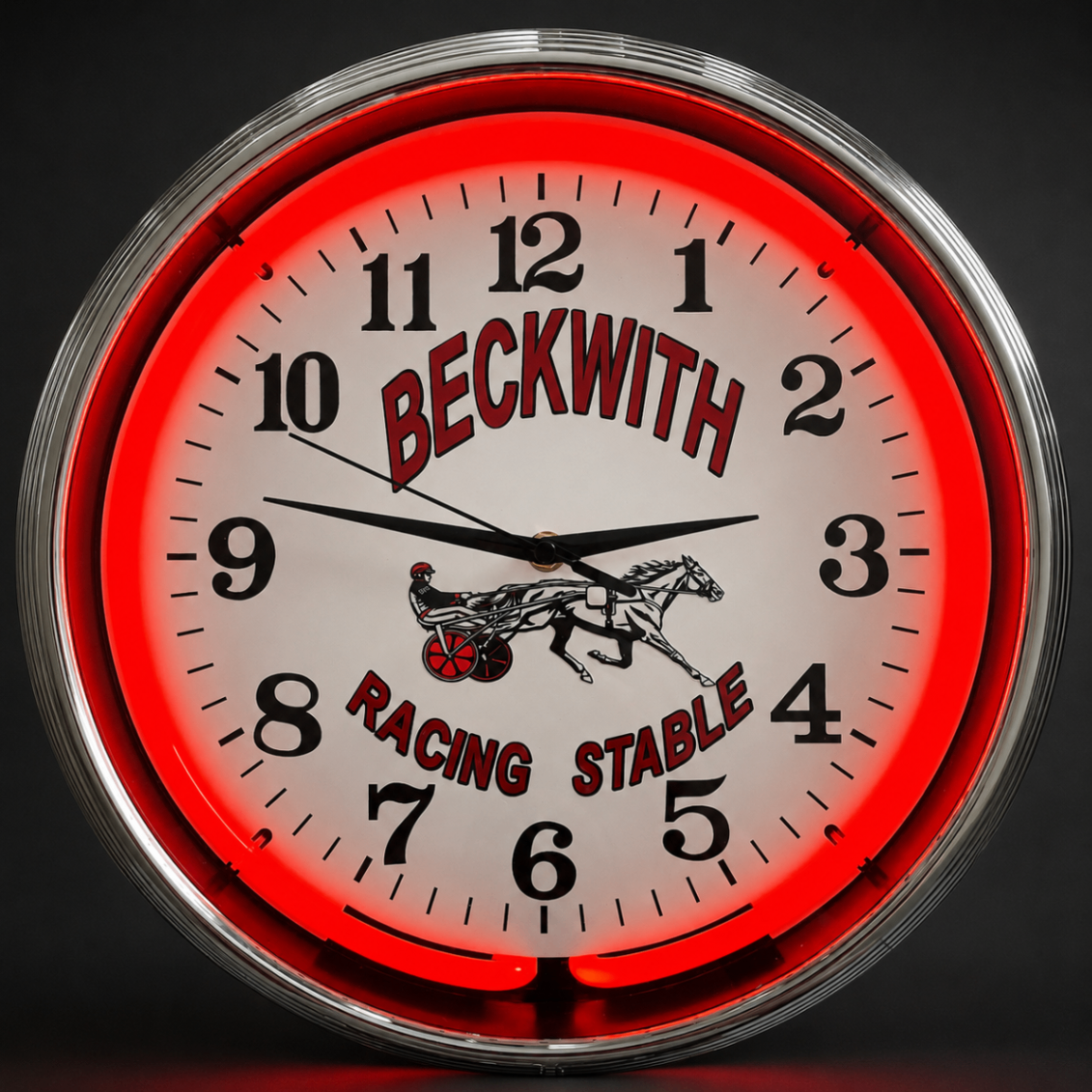Custom neon wall clock with chrome border and glowing neon ring
