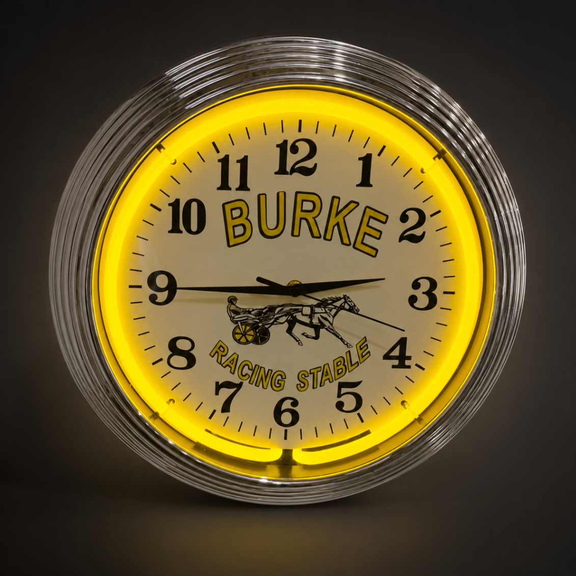 Custom neon wall clock with chrome border and glowing neon ring