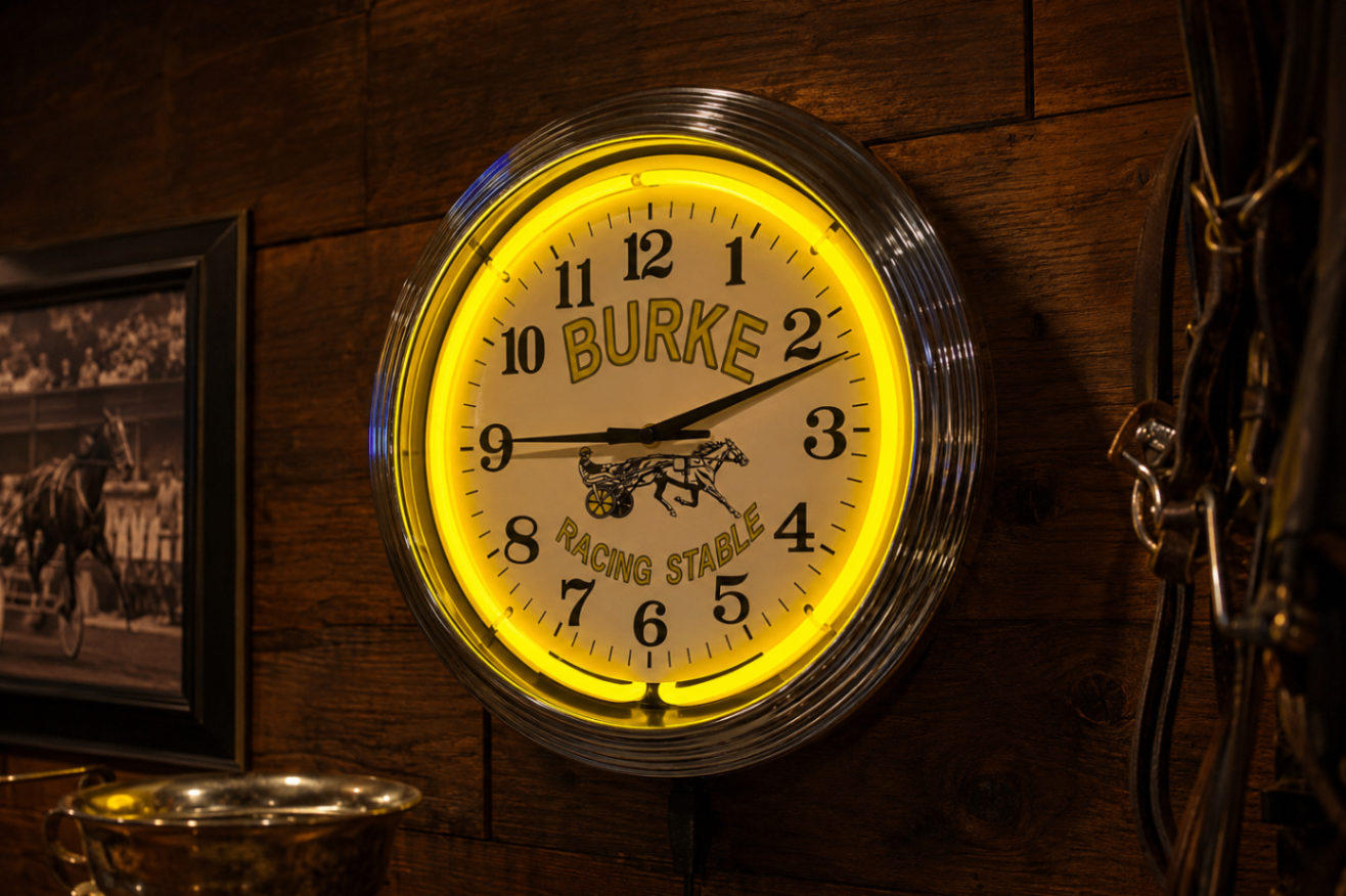 Burke Racing Stable neon clock installed on a tack room wall