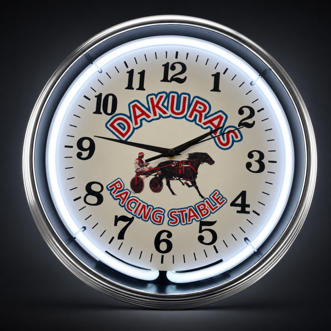 Custom neon wall clock with chrome border and glowing neon ring