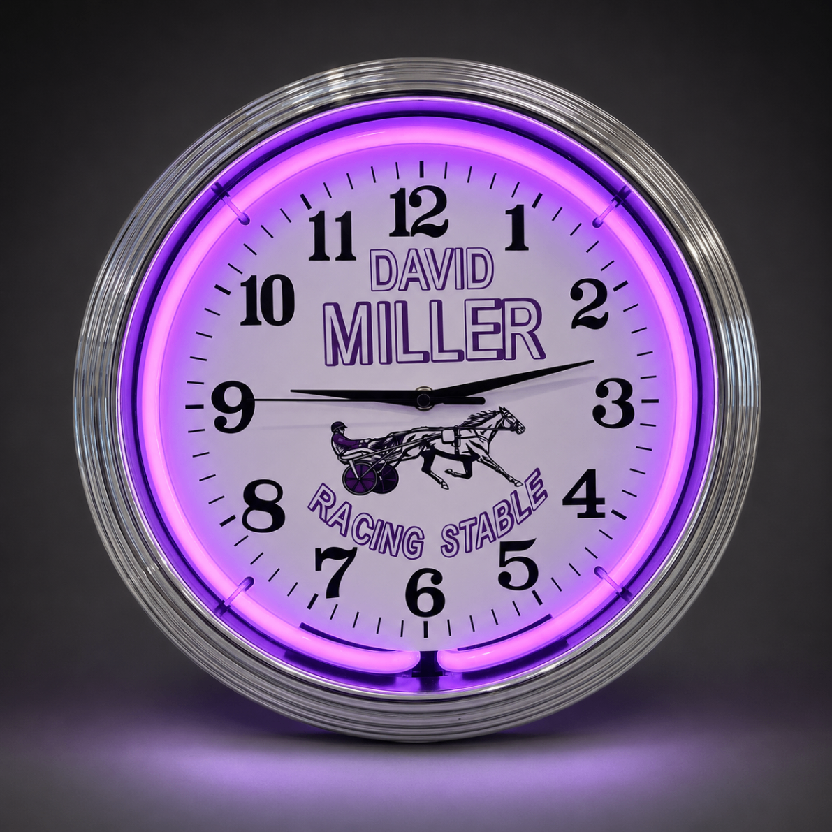 Custom neon wall clock with chrome border and glowing neon ring