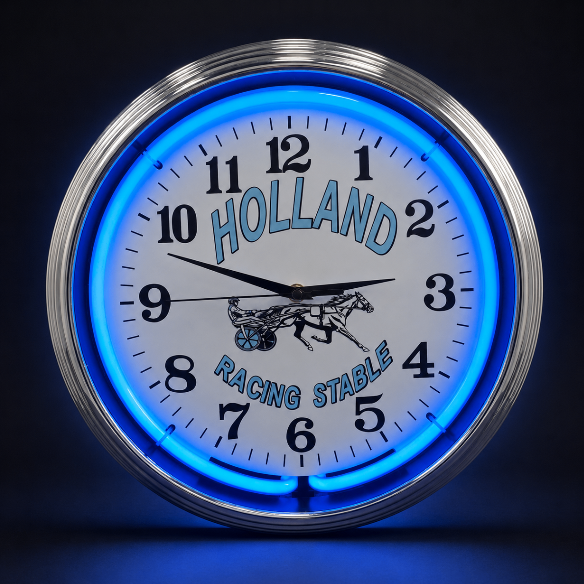 Custom neon wall clock with chrome border and glowing neon ring