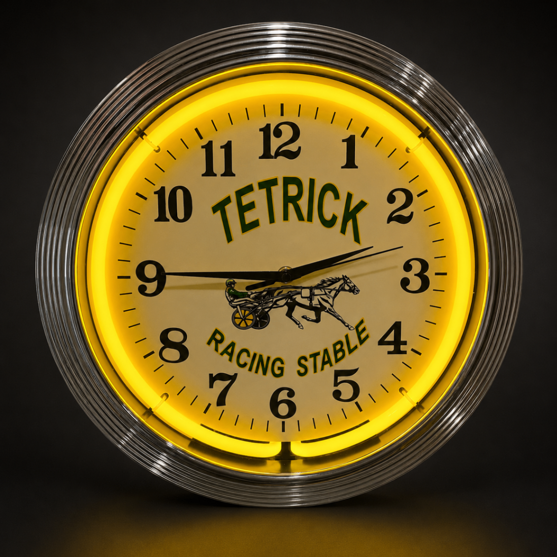 Custom neon wall clock with chrome border and glowing neon ring